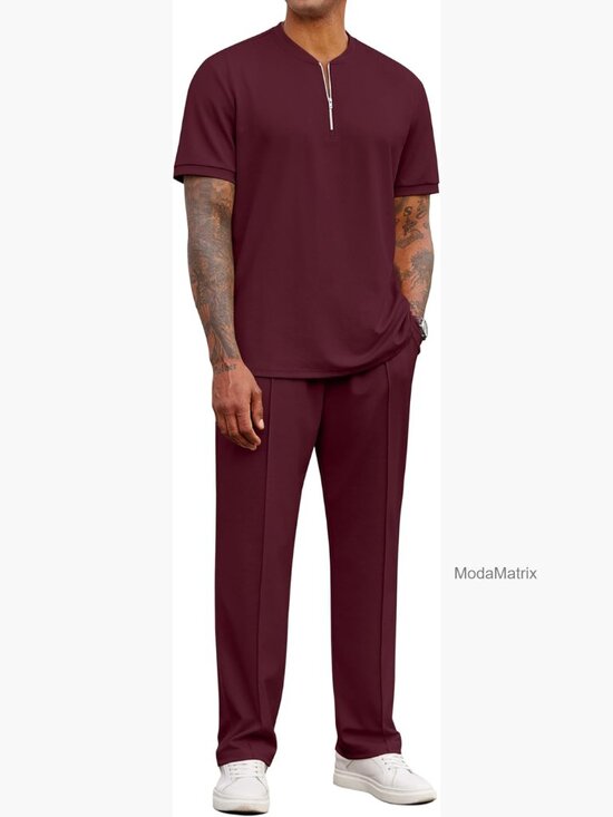 Tops - Mens Quarter Zip Polo and Jogger Set 2 Piece Summer Tracksuit